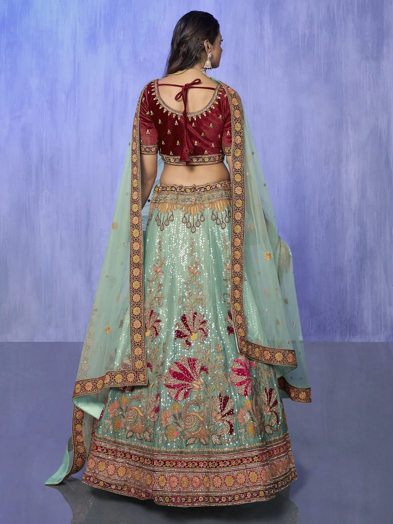 Mint Green Sequined Lehenga With Velvet Choli 5 Mint Green Sequined Lehenga With Velvet Choli - Image 3