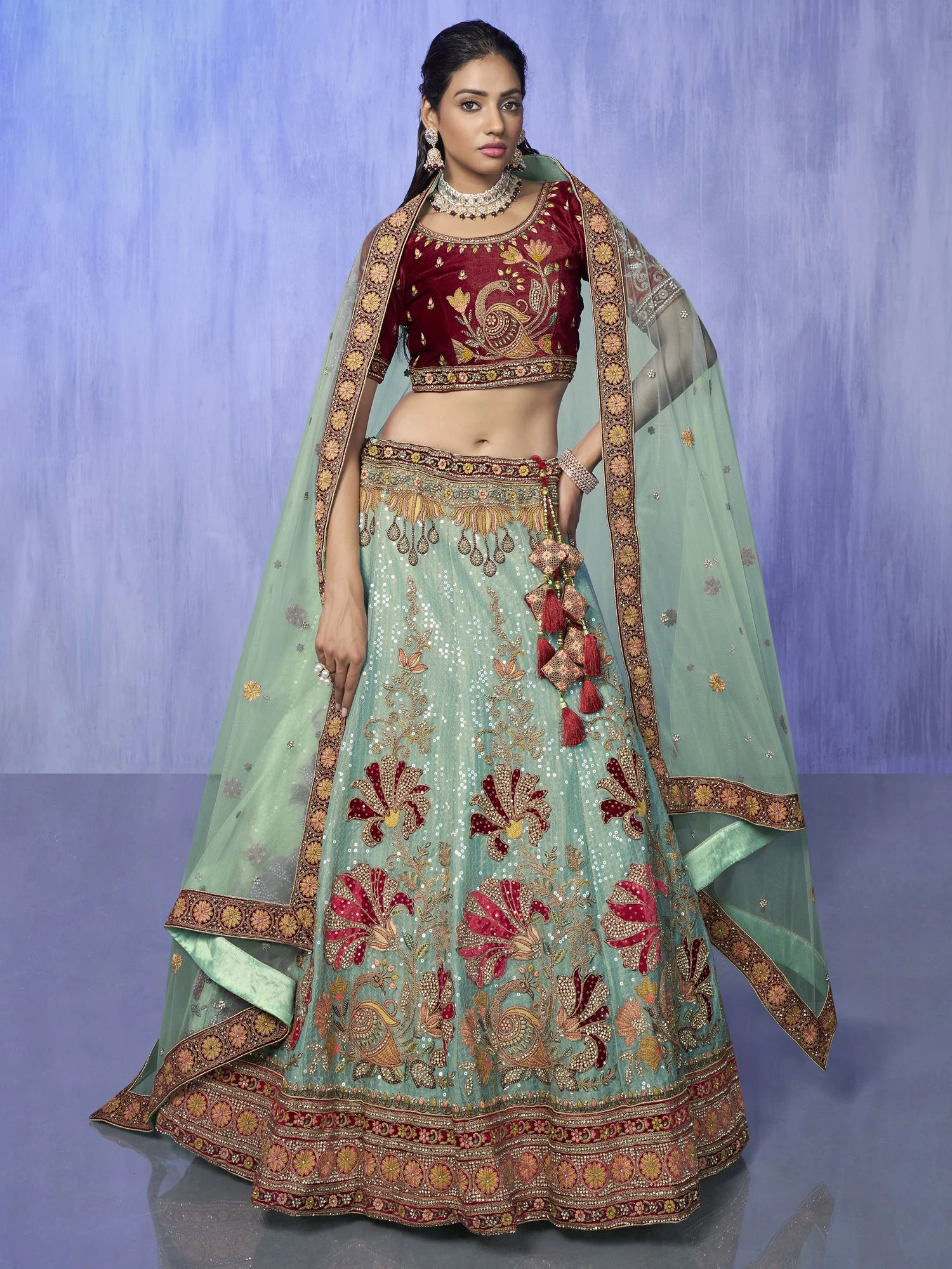 Mint Green Sequined Lehenga With Velvet Choli 3 Mint Green Sequined Lehenga With Velvet Choli
