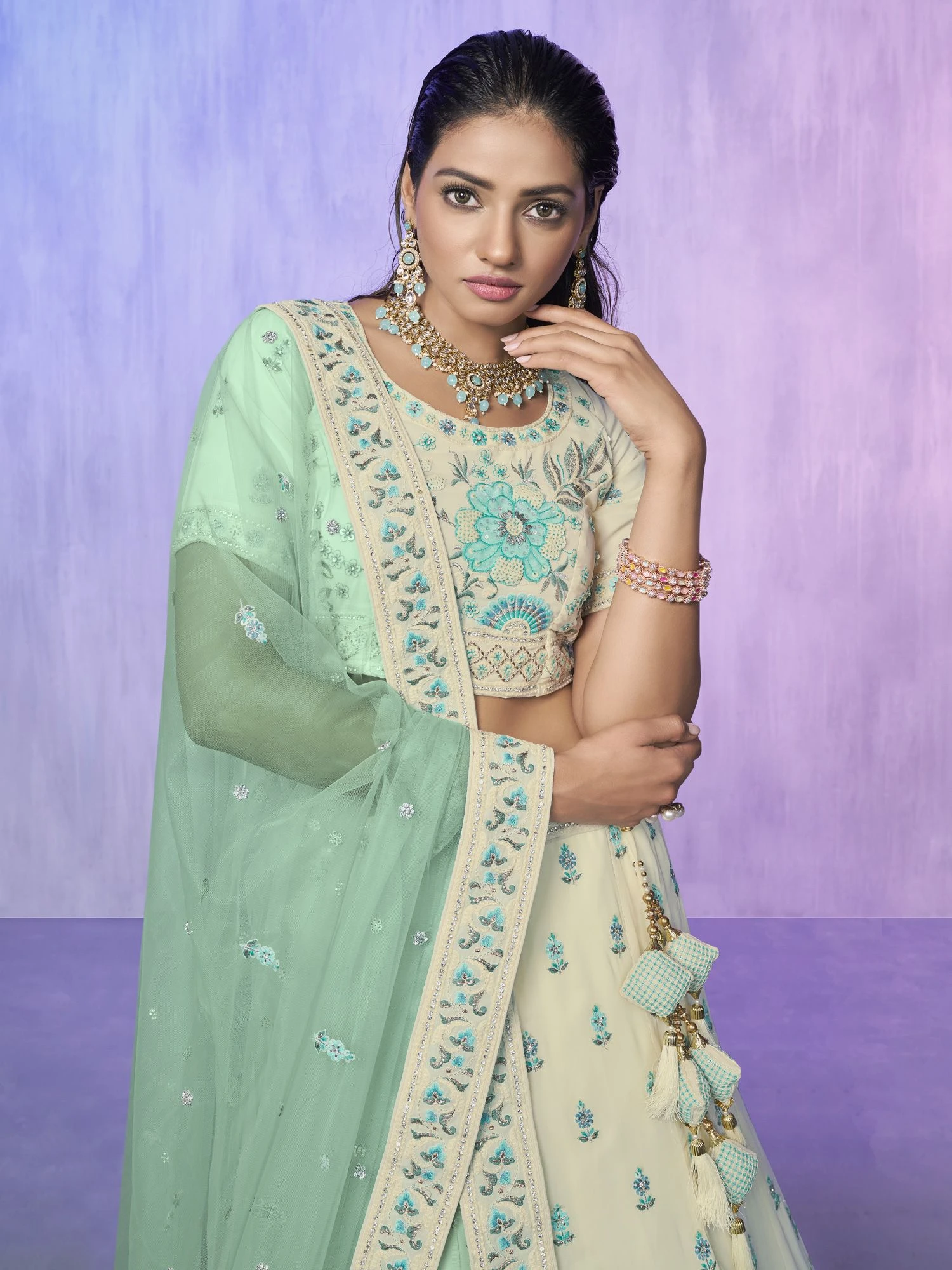 Off White Georgette Lehenga Choli In Thread Work 4 Off White Georgette Lehenga Choli In Thread Work - Image 2