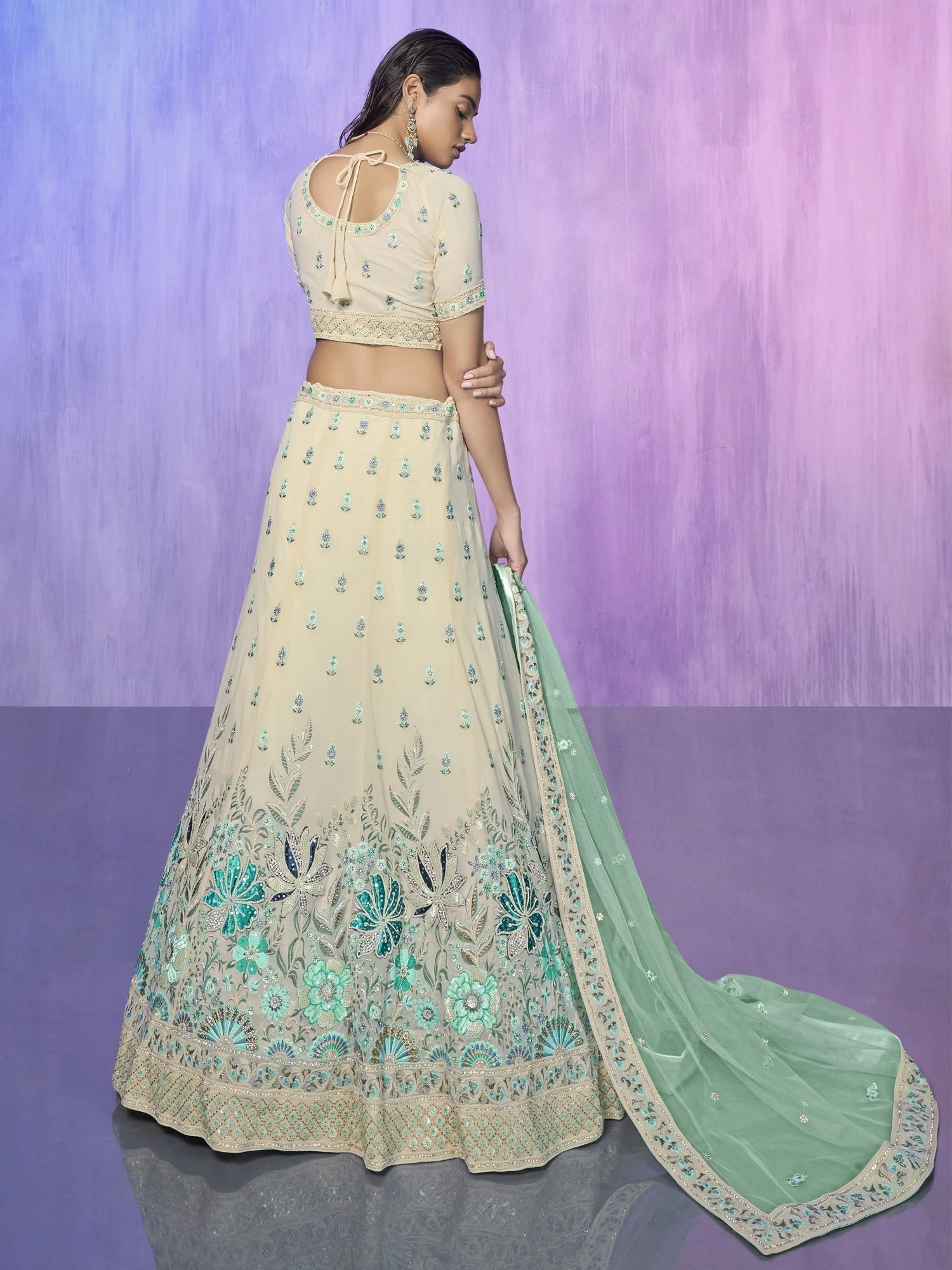 Off White Georgette Lehenga Choli In Thread Work 5 Off White Georgette Lehenga Choli In Thread Work - Image 3