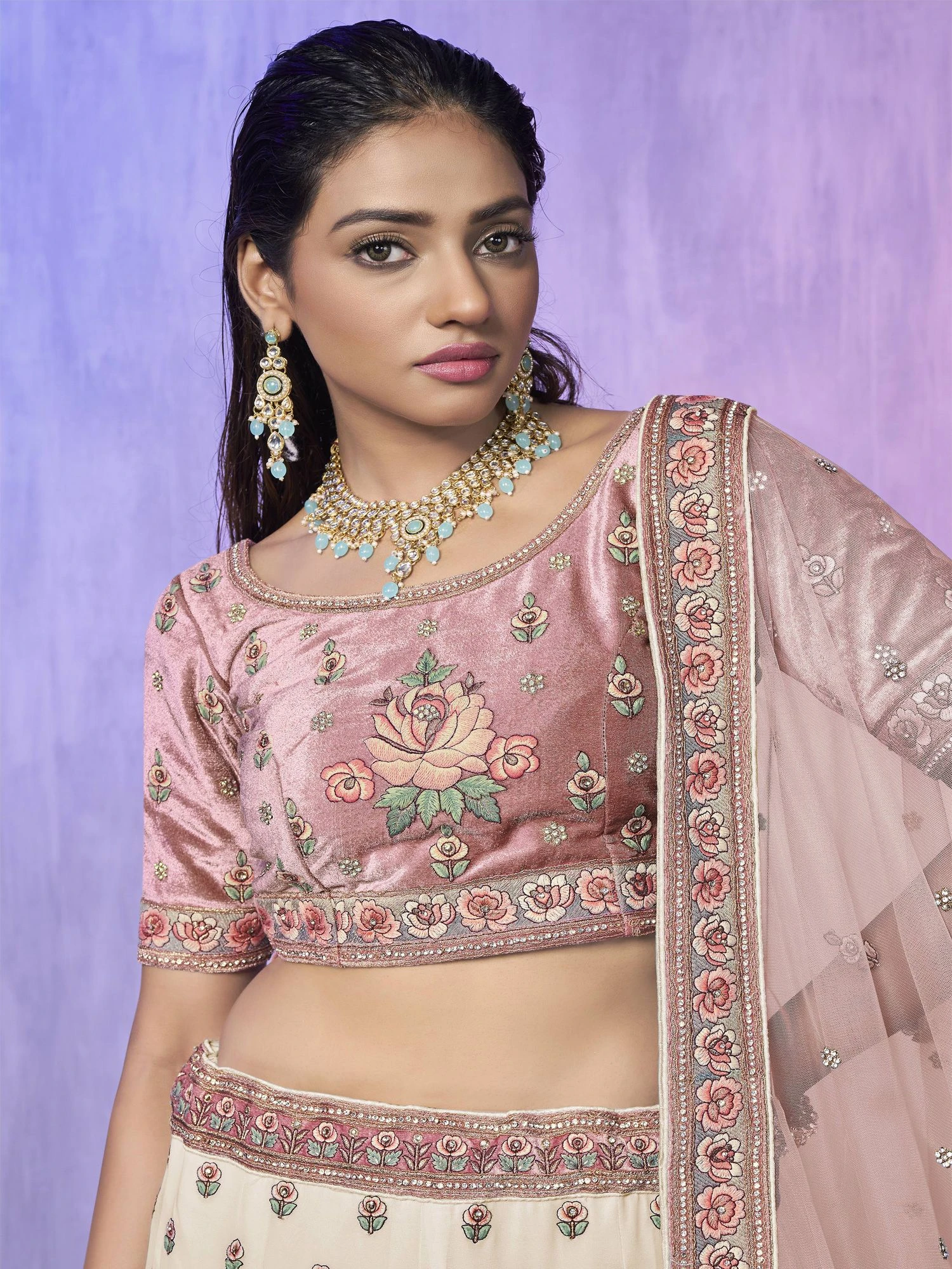 Off White Floral Designer Lehenga With Velvet Choli 4 Off White Floral Designer Lehenga With Velvet Choli - Image 2