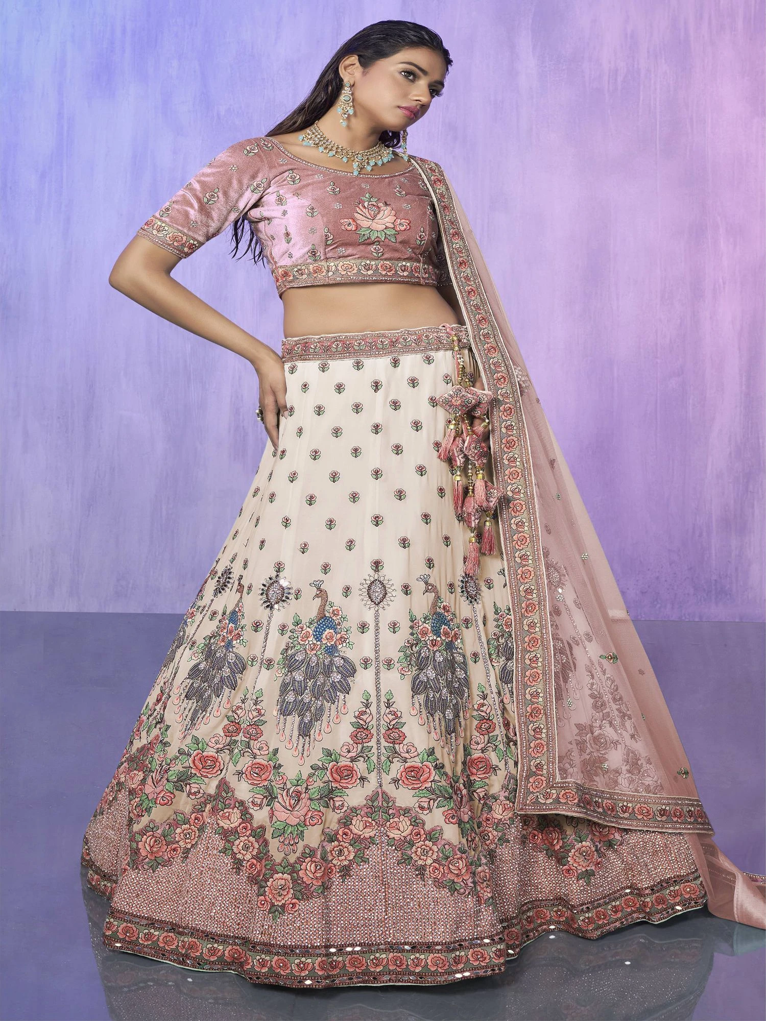 Off White Floral Designer Lehenga With Velvet Choli 3 Off White Floral Designer Lehenga With Velvet Choli