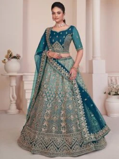 Teal Blue Heavy Zari Embroidered Lehenga Choli In Net -Riwaayat Store p4135lc01 1