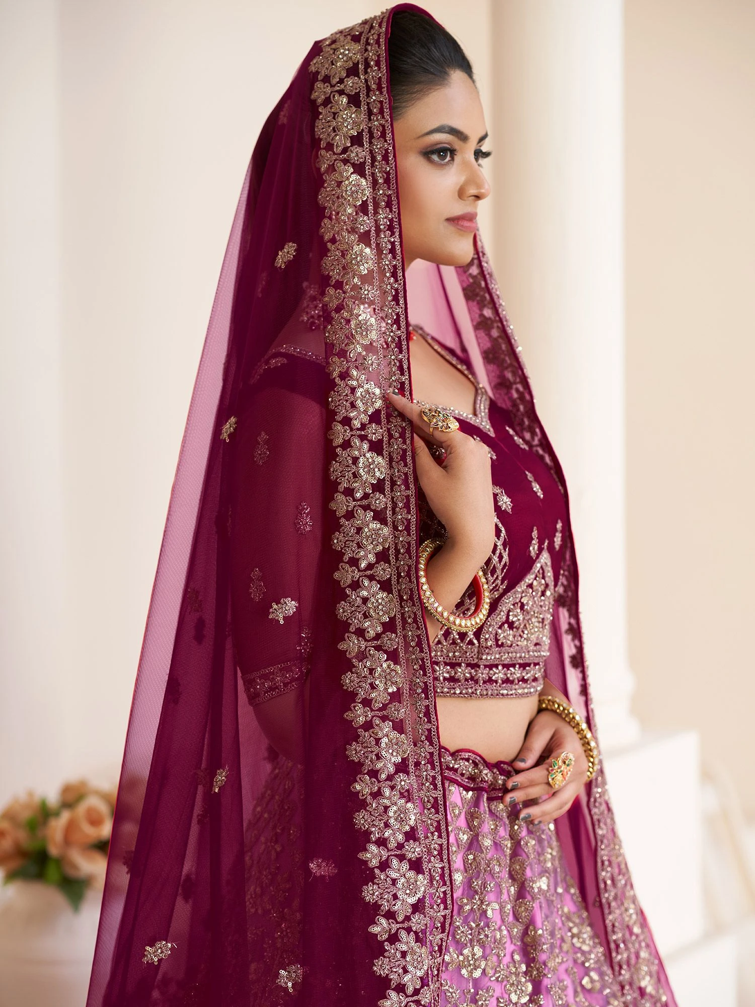 Maroon Bridal Lehenga Choli In Net With Zari Work 7 Maroon Bridal Lehenga Choli In Net With Zari Work - Image 5