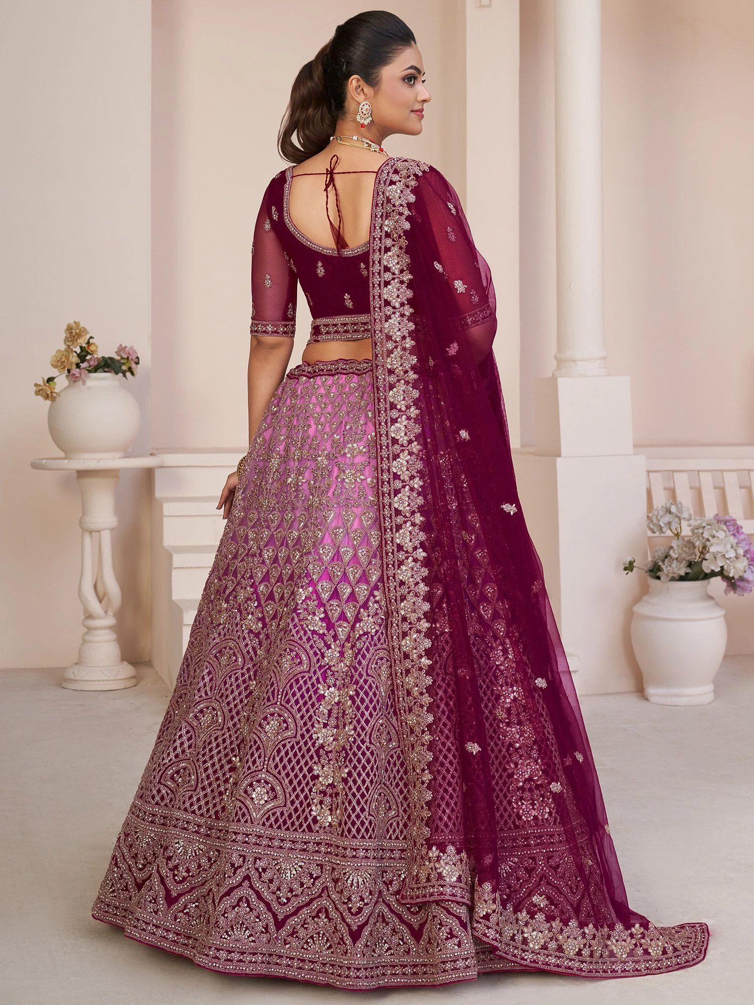 Maroon Bridal Lehenga Choli In Net With Zari Work 5 Maroon Bridal Lehenga Choli In Net With Zari Work - Image 3