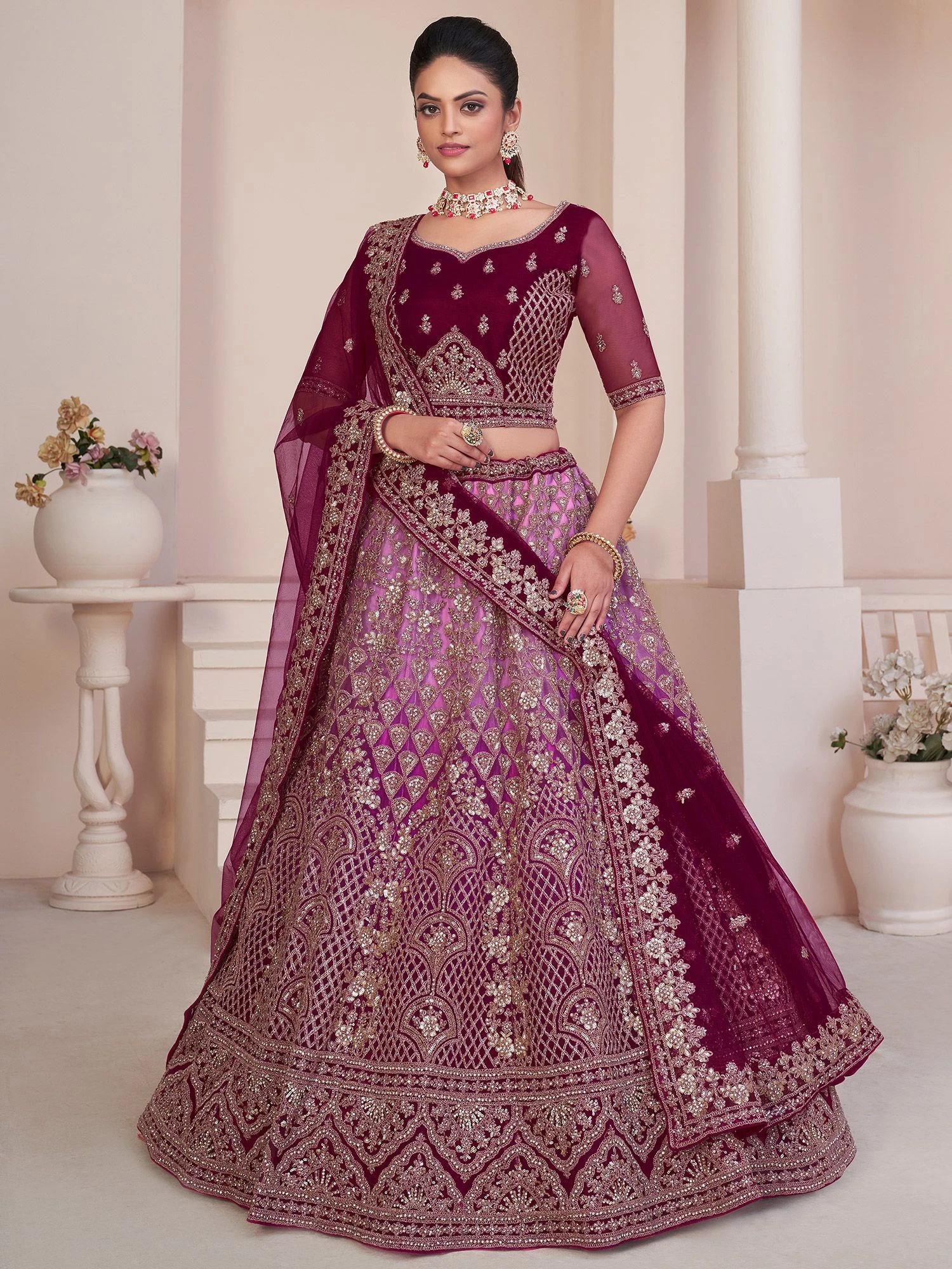 Maroon Bridal Lehenga Choli In Net With Zari Work 3 Maroon Bridal Lehenga Choli In Net With Zari Work