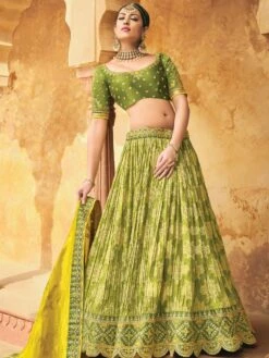 Green Printed Thread Embroidered Silk Lehenga Choli