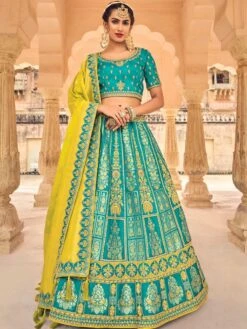 Teal Blue Thread Embroidered Lehenga In Banarasi Silk