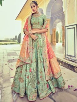 Sage Green Stone Embroidery Lehenga Choli In Silk