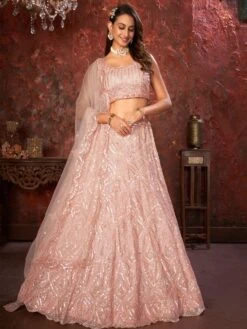 Peach Thread Work Bridesmaid Lehenga Choli In Net