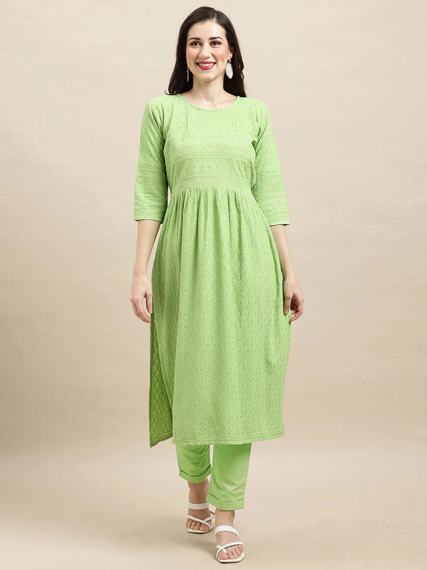 Green Festive Resham Embroidered Gathered Kurti 3 Green Festive Resham Embroidered Gathered Kurti