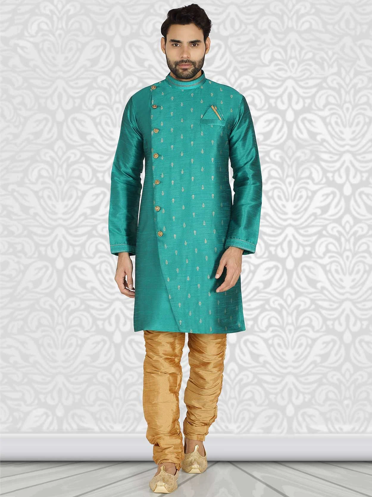Jacquard Fabric Kurta Pajama Green Colour. 3 Jacquard Fabric Kurta Pajama Green Colour.