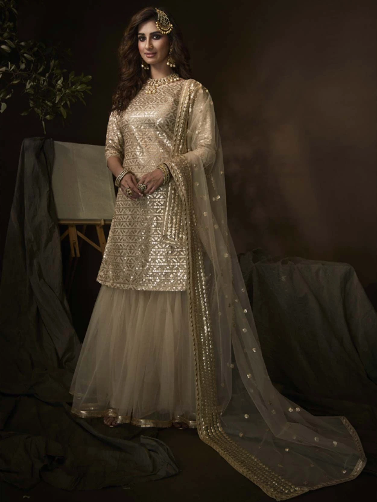 Designer Sharara Salwar Suit Beige Colour. 3 Designer Sharara Salwar Suit Beige Colour.