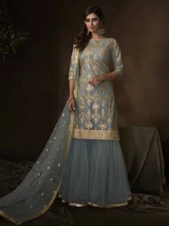 Grey Colour Soft Net Sharara Salwar Kameez With Sequin,Zari Work.