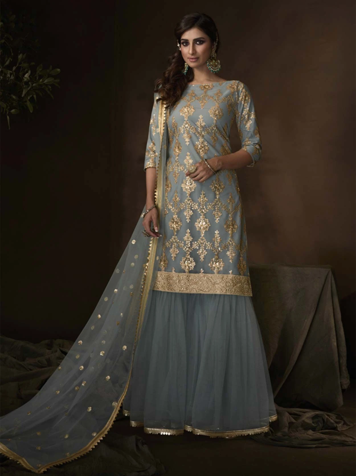 Grey Colour Soft Net Sharara Salwar Kameez With Sequin,Zari Work. 3 Grey Colour Soft Net Sharara Salwar Kameez With Sequin,Zari Work.