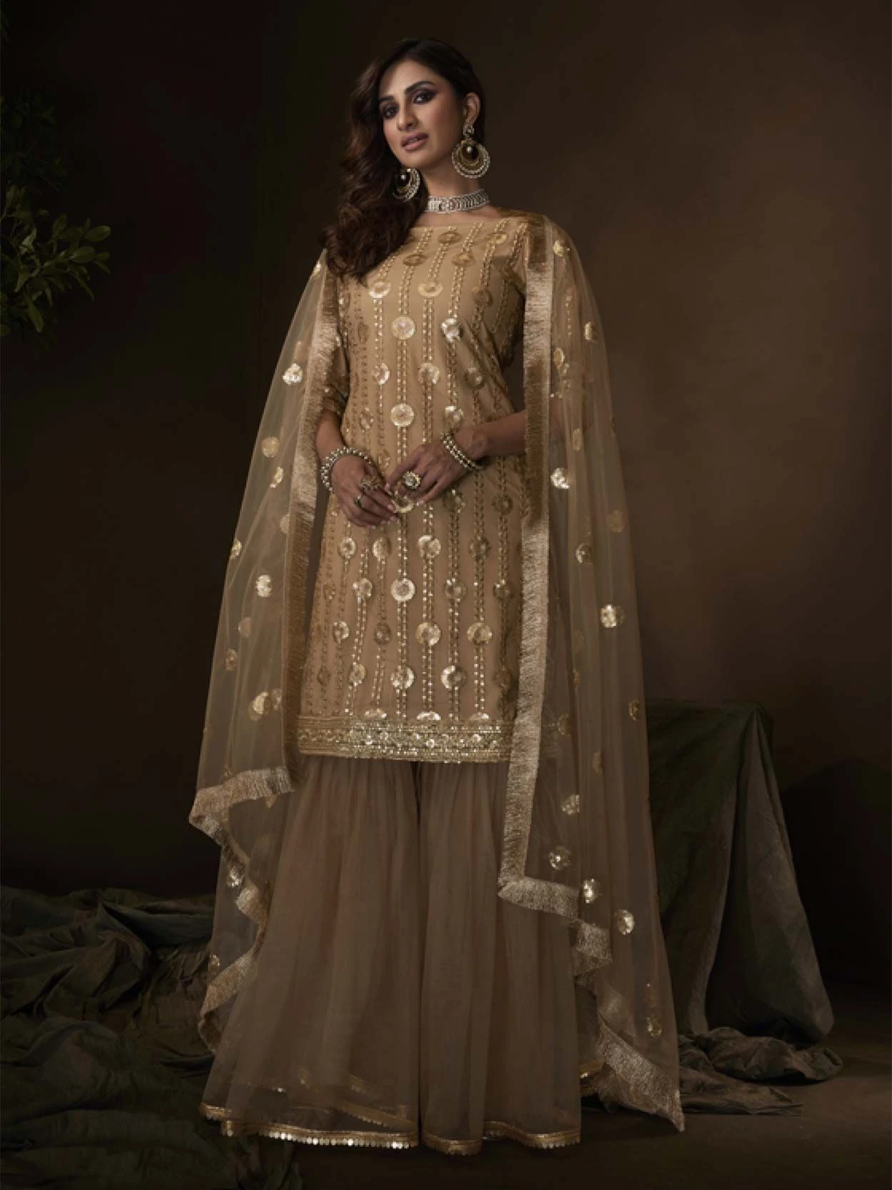 Beige Colour Soft Net Party Wear Sharara Salwar Suit. 3 Beige Colour Soft Net Party Wear Sharara Salwar Suit.