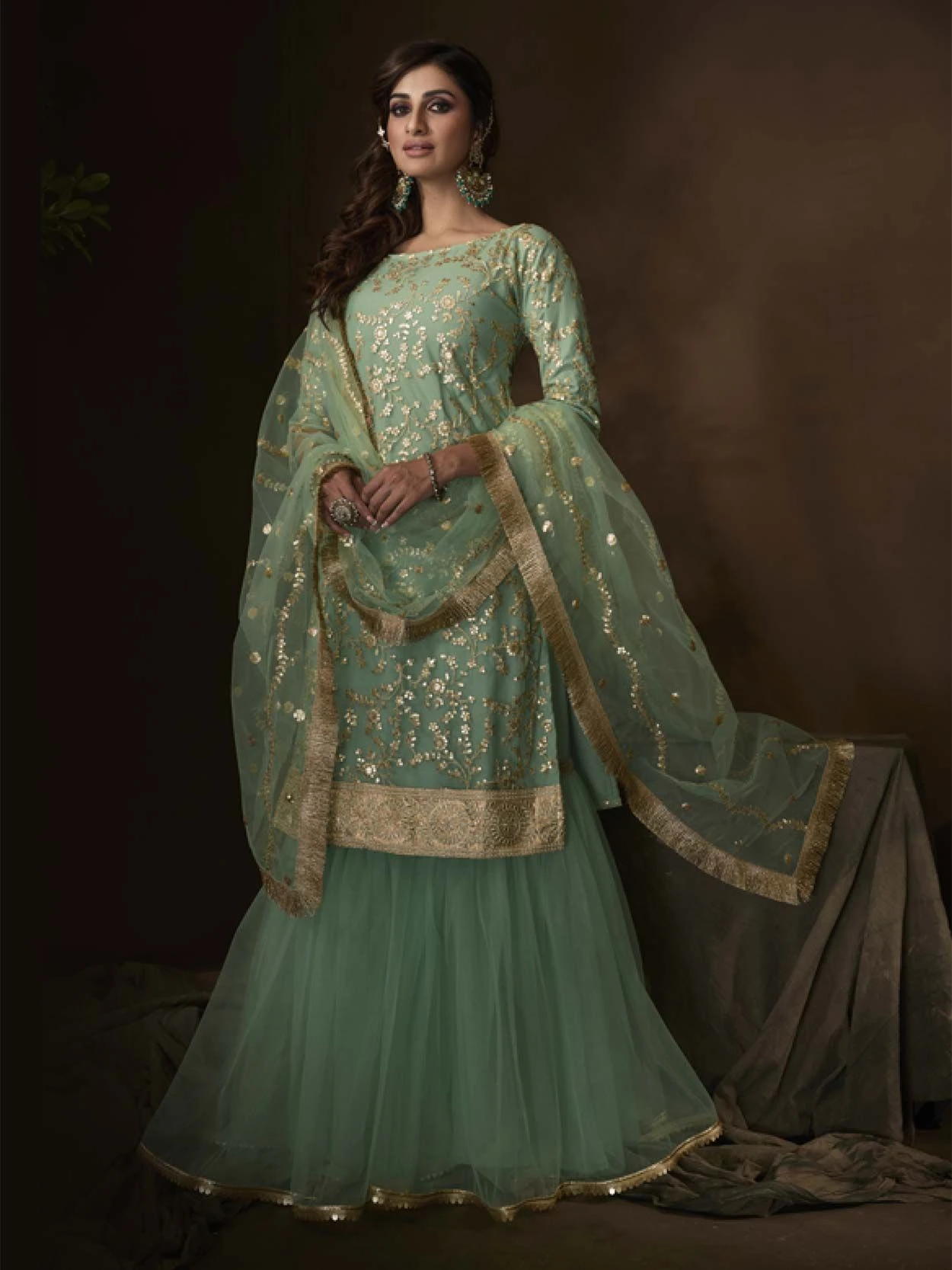 Net Fabric Green Colour Sharara Salwar Kameez With Sequin,Zari Work. 3 Net Fabric Green Colour Sharara Salwar Kameez With Sequin,Zari Work.