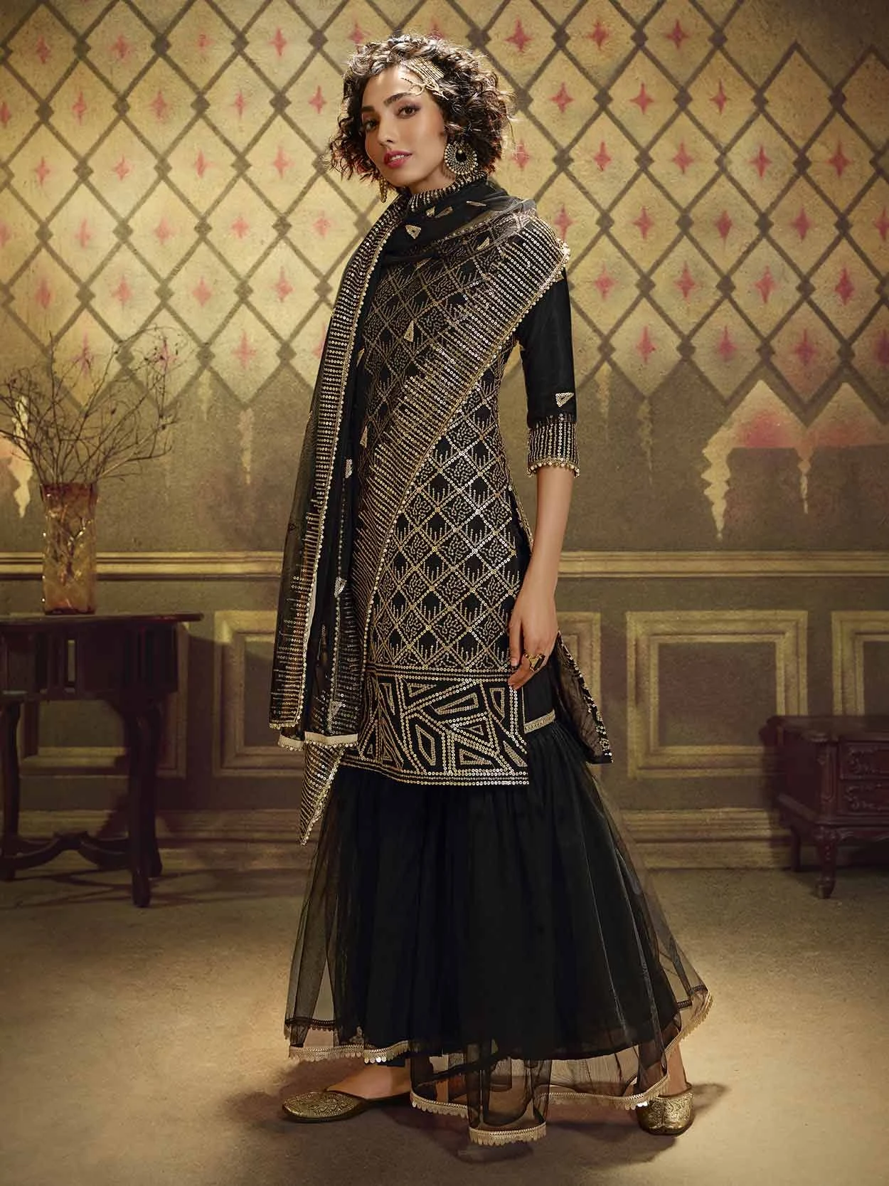 Party Wear Sharara Salwar Suit Black Colour. 3 Party Wear Sharara Salwar Suit Black Colour.