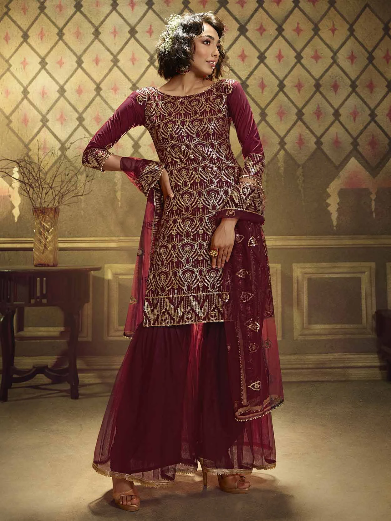 Maroon Colour Net Designer Sharara Salwar Suit. 3 Maroon Colour Net Designer Sharara Salwar Suit.