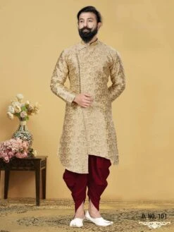 Golden Colour In Jacquard Silk Indowestern Style Kurta.