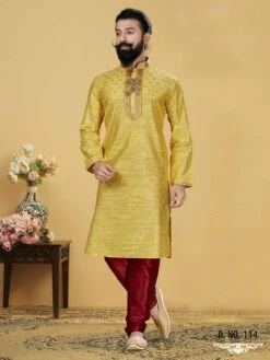 Jacquard,Silk Designer Kurta Pajama In Yellow Colour.