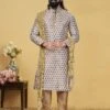 Cream Colour Jacquard,Silk Men's Kurta Pajama. -Riwaayat Store prc1860
