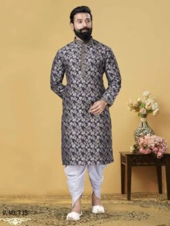 Dark Blue Colour Kurta Pyjama In Jacquard,Silk Fabric.