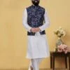 Blue,Off White Colour Silk Kurta Pajama Jacket. -Riwaayat Store prc1870