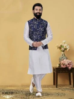 Blue,Off White Colour Silk Kurta Pajama Jacket.