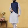 Dupion Silk Men's Kurta Pajama Jacket In Blue Off White Colour. 1 Dupion Silk Men's Kurta Pajama Jacket In Blue Off White Colour. -Riwaayat Store prc1872