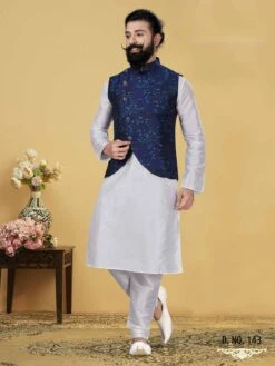 Dupion Silk Men's Kurta Pajama Jacket In Blue Off White Colour.