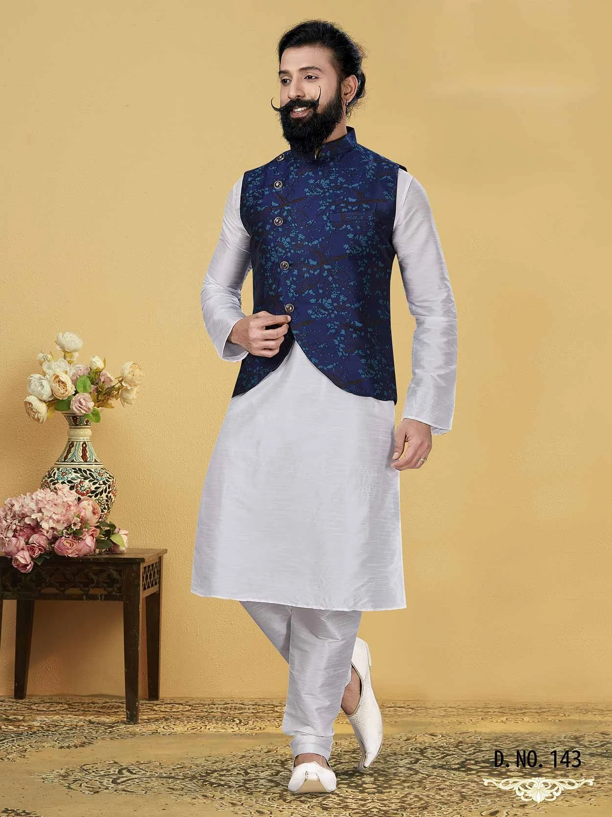 Dupion Silk Men's Kurta Pajama Jacket In Blue Off White Colour. 3 Dupion Silk Men's Kurta Pajama Jacket In Blue Off White Colour.