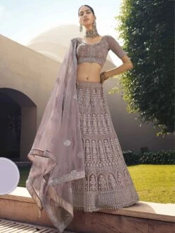 Mauve Colour Net Wedding Lehenga Choli With Sequin,Thread Work.
