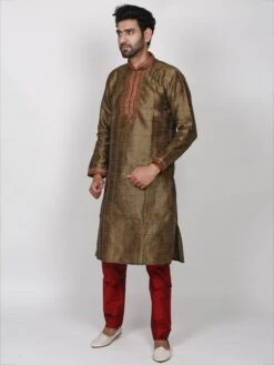 Silk Readymade Kurta Pajama In Brown Colour.