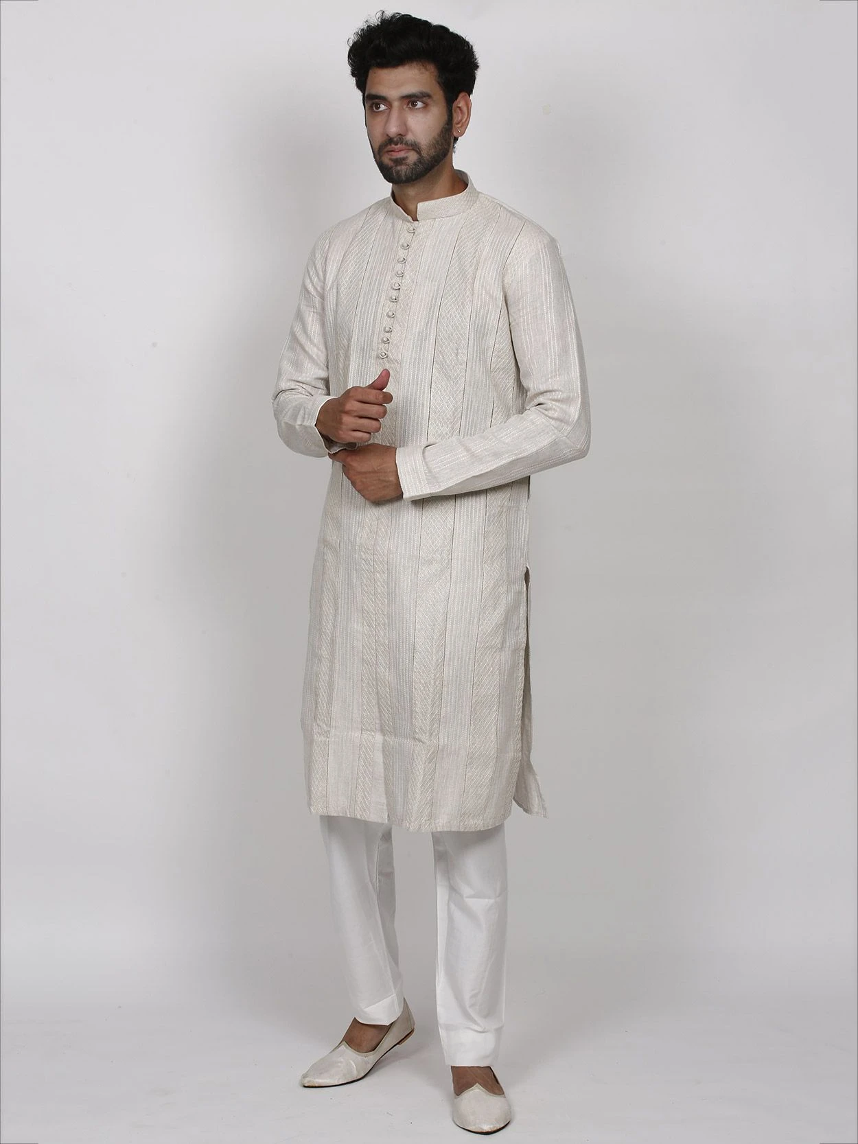 Elegant Off White Colour Linen Fabric Men's Kurta Pajama. 3 Elegant Off White Colour Linen Fabric Men's Kurta Pajama.