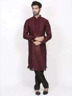Exclusive Designer Kurta Pajama Wine Colour In Linen Fabric.