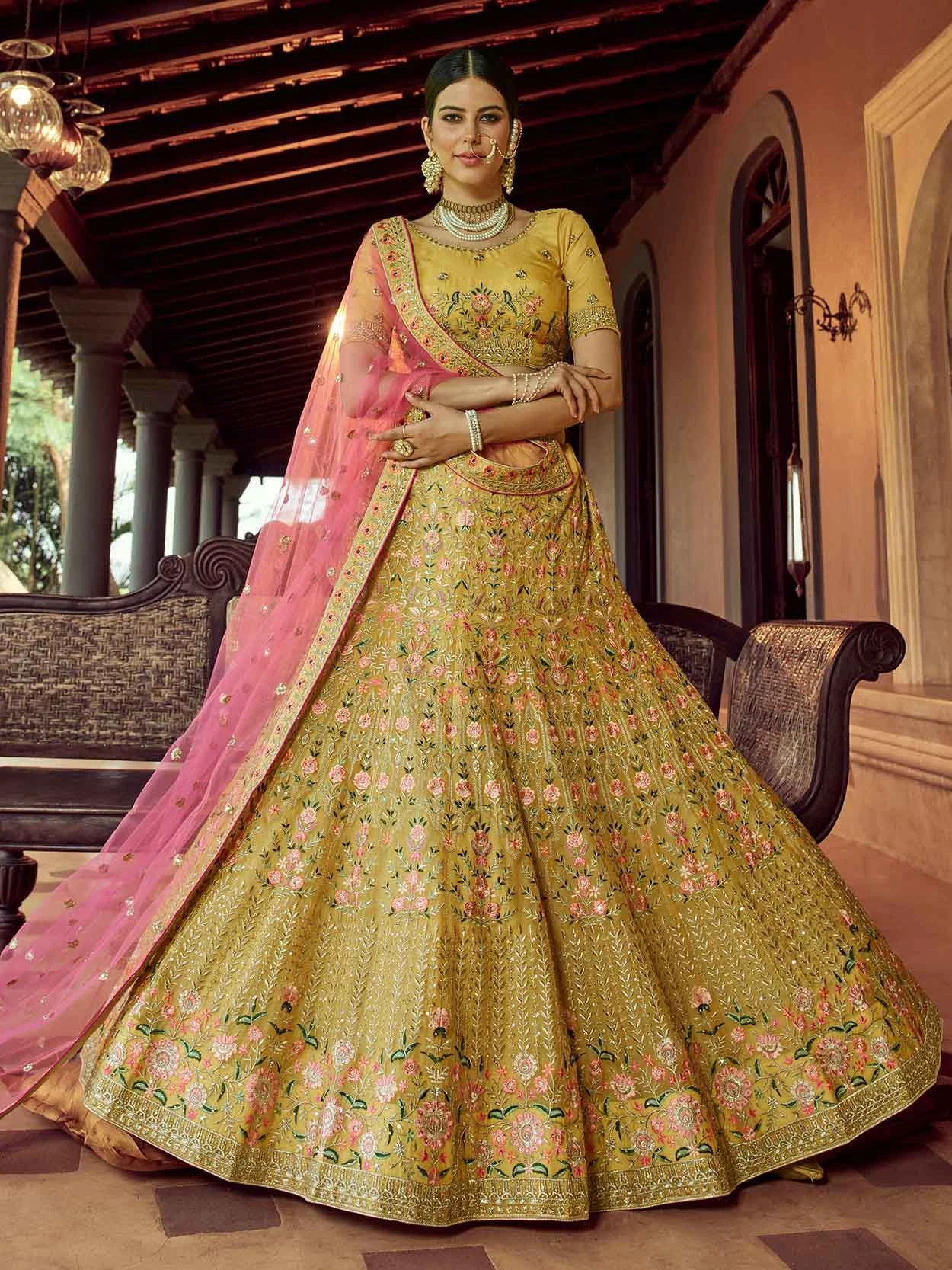 Mustard Yellow Colour Women Lehenga Choli In Organza Fabric With Resham,Zari Work. 3 Mustard Yellow Colour Women Lehenga Choli In Organza Fabric With Resham,Zari Work.