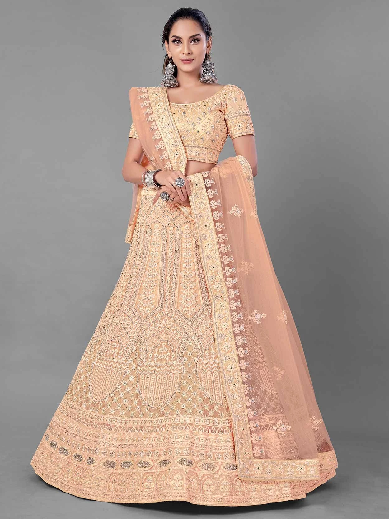 Net Fabric Women Lehenga Choli In Peach Colour. 3 Net Fabric Women Lehenga Choli In Peach Colour.