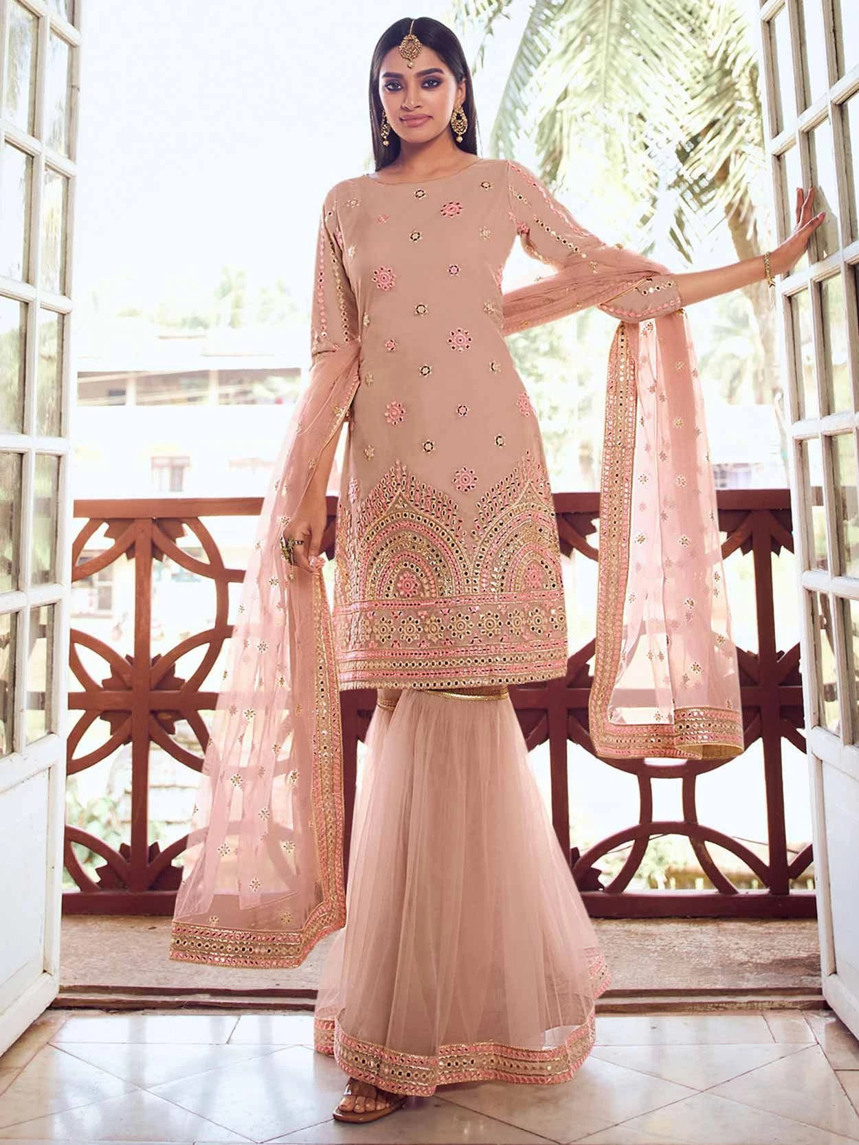 Peach Colour In Organza Fabric Sharara Salwar Suit. 3 Peach Colour In Organza Fabric Sharara Salwar Suit.