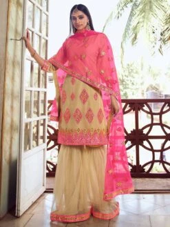 Sharara Salwar Suit Beige Colour In Organza Fabric.
