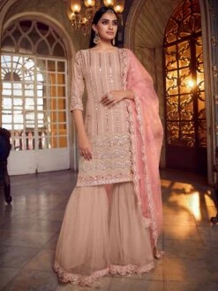 Peach Colour Designer Sharara Salwar Suit In Organza Fabric.