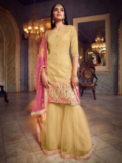 Beige Colour Women Sharara Salwar Suit In Organza Fabric.