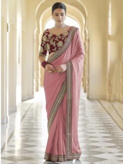 Organza Fabric Peach Colour Designer Saree.