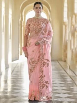 Beautiful Peach Colour Designer Saree In Organza Fabric.