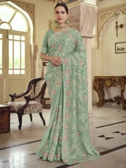 Green Colour Satin,Georgette Fabric Designer Saree.