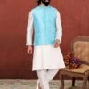 Sky Blue,Off White Colour Kurta Pajama Jacket Dupion Silk Fabric. -Riwaayat Store prc3084
