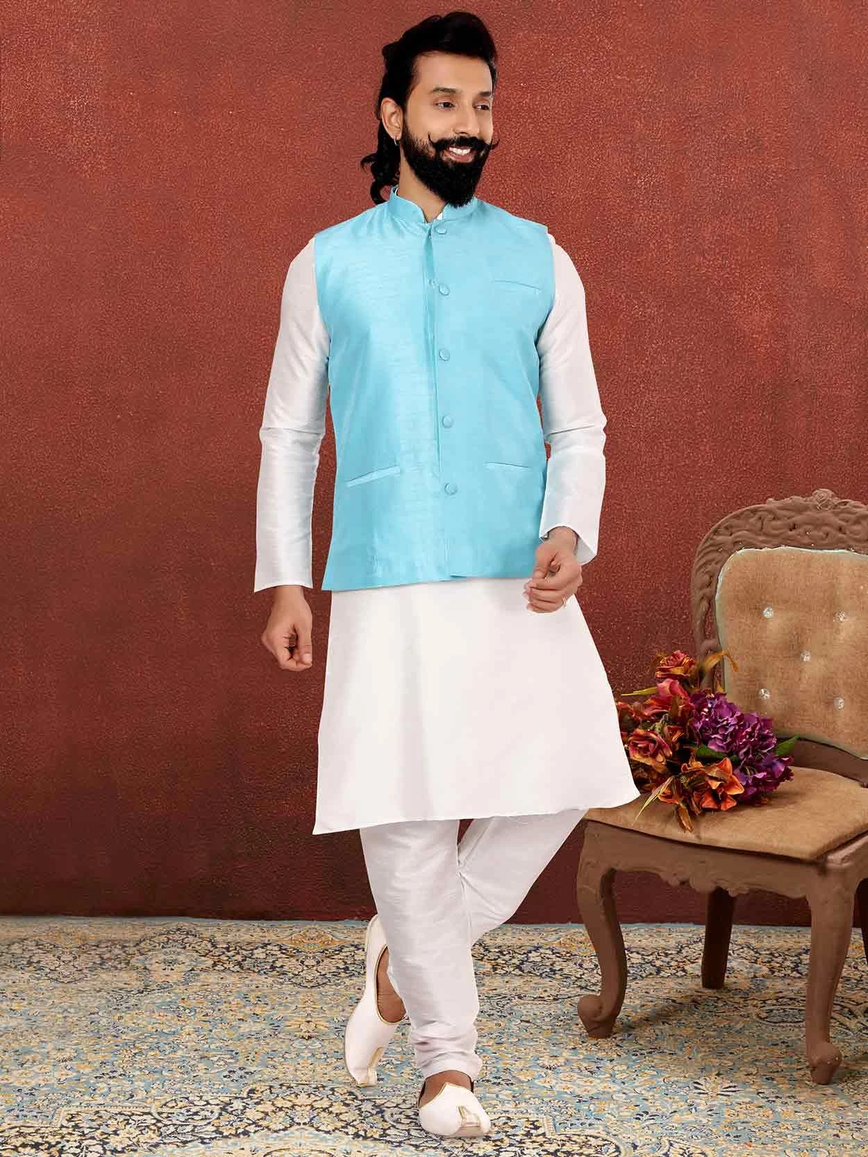 Sky Blue,Off White Colour Kurta Pajama Jacket Dupion Silk Fabric. 3 Sky Blue,Off White Colour Kurta Pajama Jacket Dupion Silk Fabric.