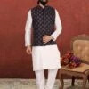 Off White,Black Colour Designer Kurta Pajama Jacket In Cotton,Dupion Silk Fabric. 1 Off White,Black Colour Designer Kurta Pajama Jacket In Cotton,Dupion Silk Fabric. -Riwaayat Store prc3088