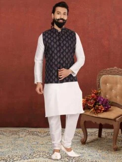 Off White,Black Colour Designer Kurta Pajama Jacket In Cotton,Dupion Silk Fabric.