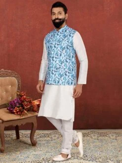 Off White,Sky Blue Colour Mens Kurta Pajama Jacket.